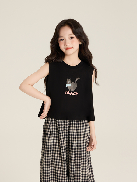 Amybaby Girls' Suit Summer 2026 New Style Loose Cartoon Sleeveless Vest Plaid Wide-Leg Pants — 4
