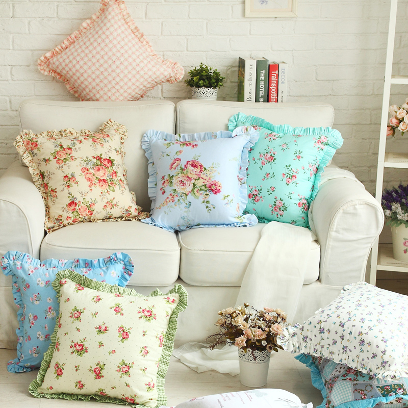 New Cotton Twill Pillow Cushion Sofa Pillowcase Korean Floral Lotus Leaf Lace Office Customizable