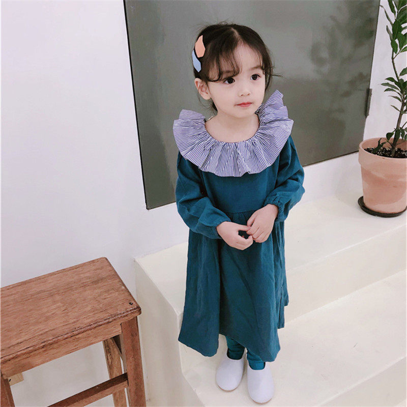 Baby of spring new fund children sweet literature and art long skirt cotton linen dress girl stripe lotus leaf gets long sleeve dress