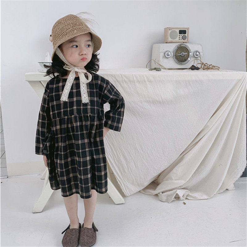 ins exploits spring children's baby Han version retro art cotton numb dress girl plaid long sleeve foreign dress