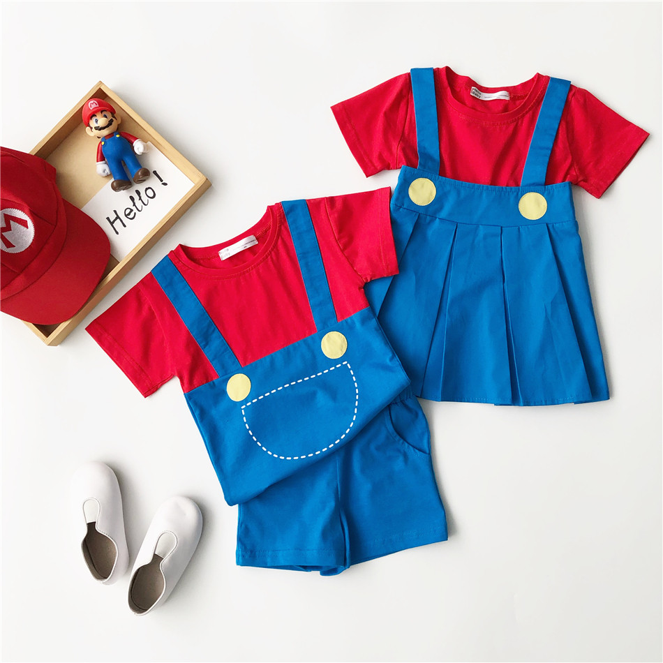 Summer male and female child class cartoon Cartoon Cartoon Cartoon Cosplay Ocean Dress Children Red Blue Pure Cotton Short Sleeve Suit Brother & Sister Dress