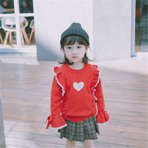 ins explosive autumn Children Baby pure cotton double-layer wooden ear knitted sweater girl Red Love Sweater