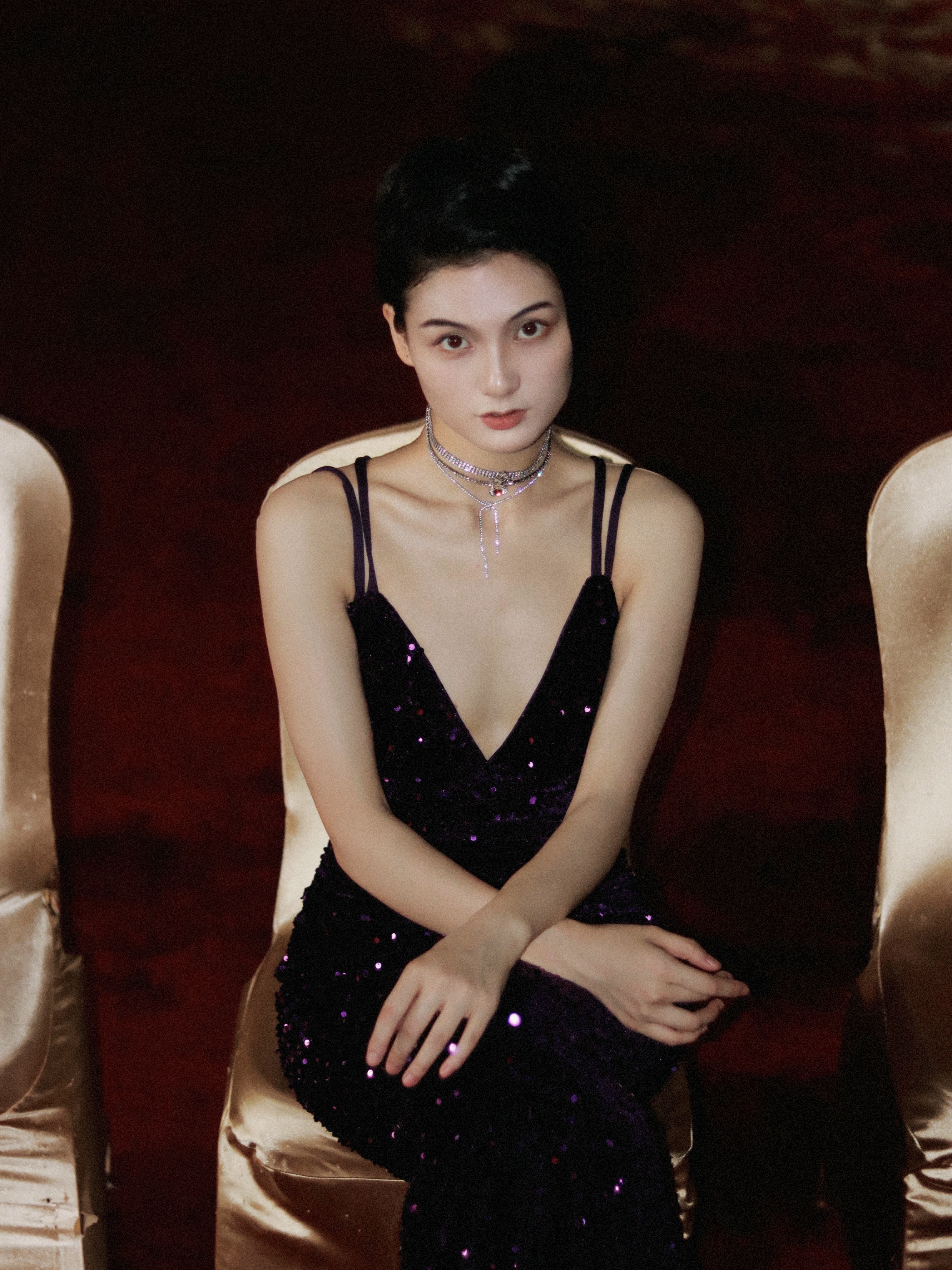 Purple nail sequins, extra-long evening dress, backless Purple nail sequins, extra-long evening dress, backless