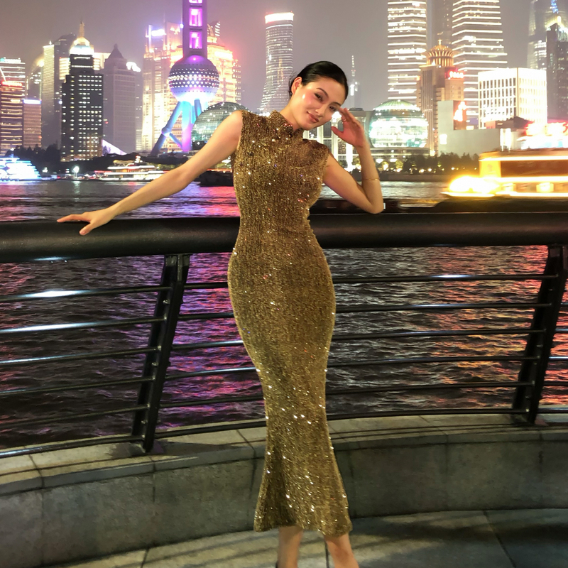 [Original by Qingdu Shuilang] Night in Shanghai Black Gold Fine Glittering Gold Thread Shiny Diamond Mermaid Elastic Cheongsam Dress