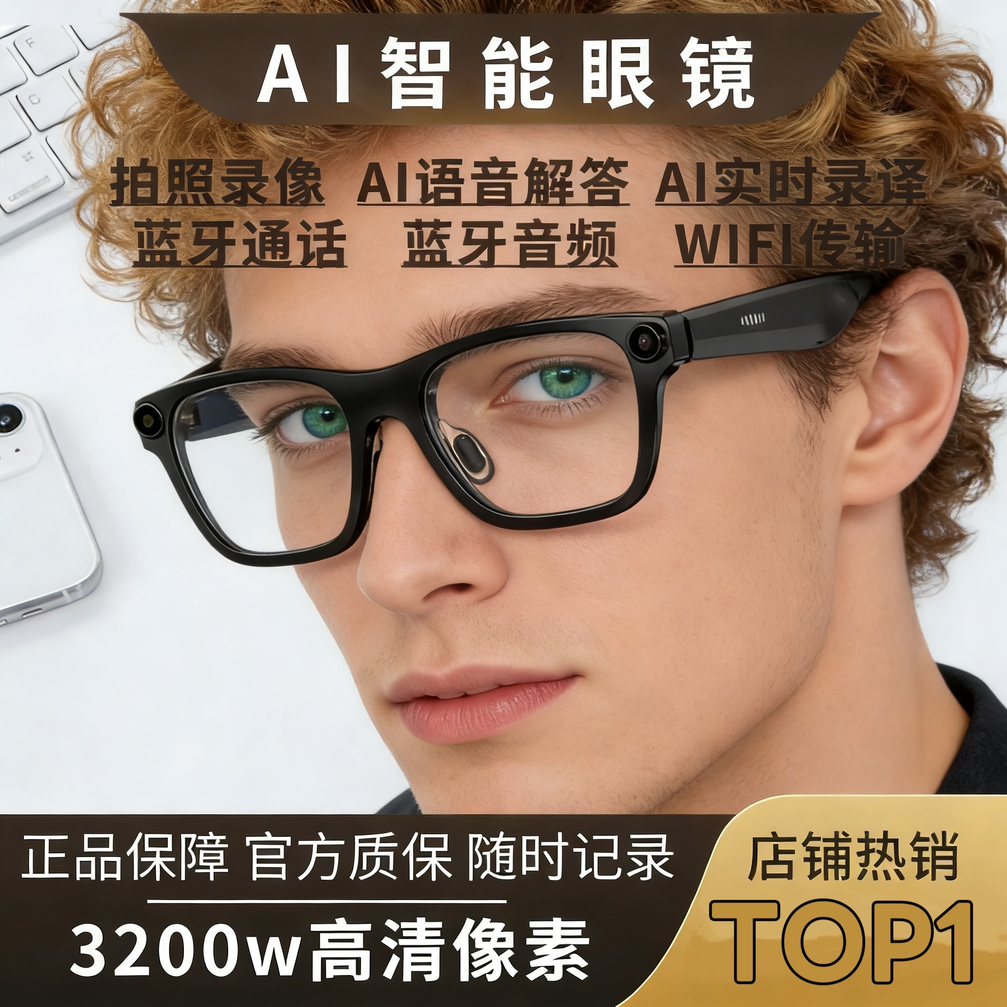 AI智能眼镜3200w像素高清拍照蓝牙运动相机语音通话实时翻译拍摄
