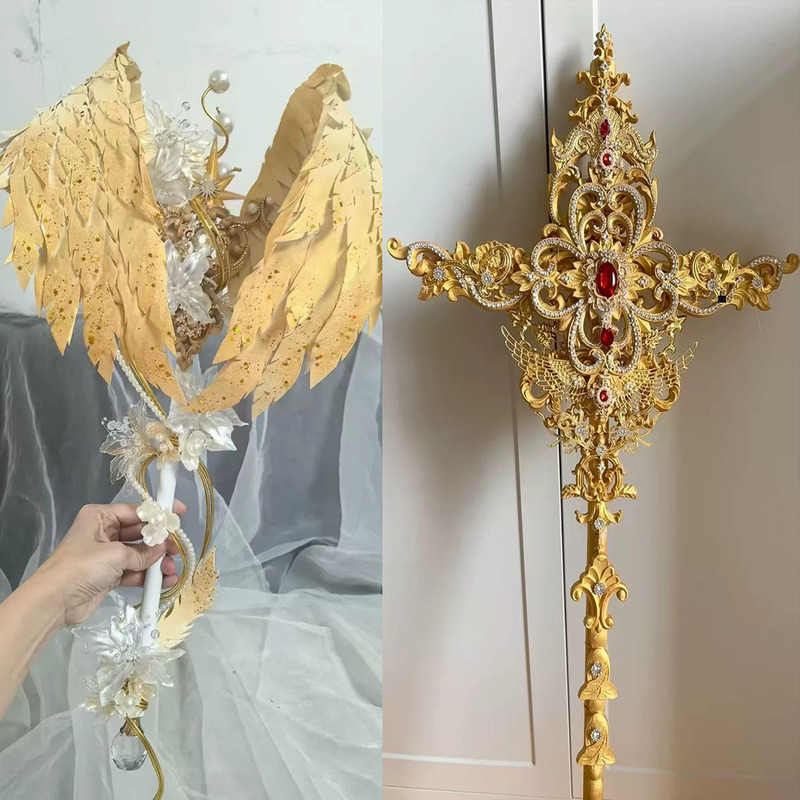 Original Lolita Scepter with Golden Wings, Gorgeous Bridal Tea Party Runway Style Cane, Photo Prop, Angel Wings
