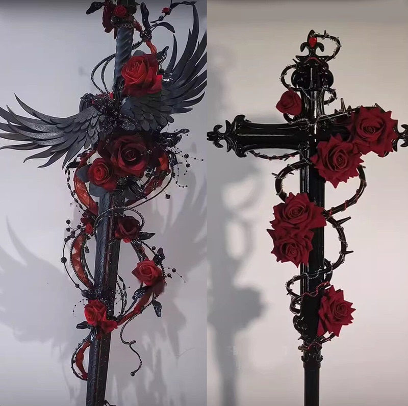 Red Rose Cross Contract Raven Original Lolita Scepter Halloween Dark Gothic Style Bat Cane