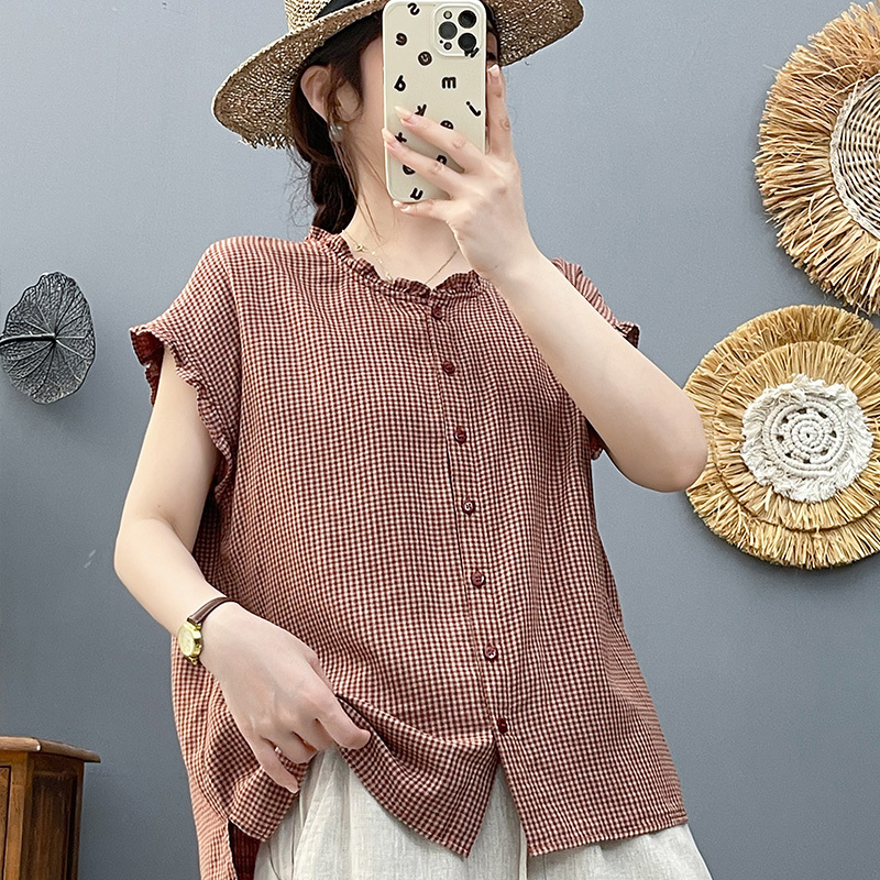 Double-Layer Cotton Gauze Summer Age-Reducing Shirt, Versatile Cardigan with Houndstooth Pattern, Oxygen-Enhancing Blouse, Women's Plus Size 66306