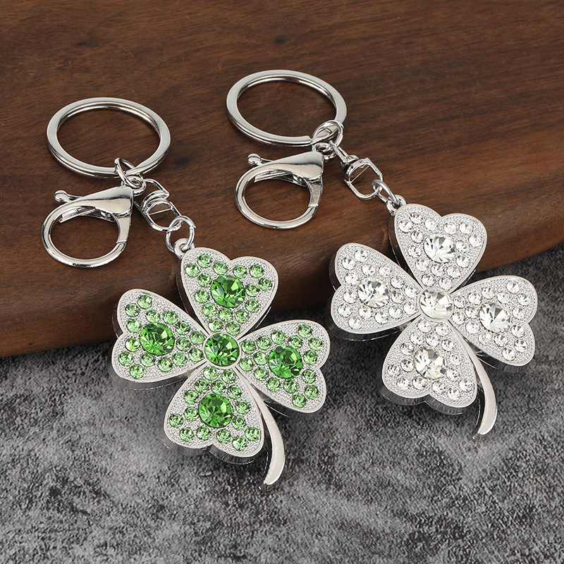 Cross-Border New Accessories DIY Diamond-Encrusted Four-Leaf Clover Metal Keychain Simple Style Bag Pendant Key Chain Accessory