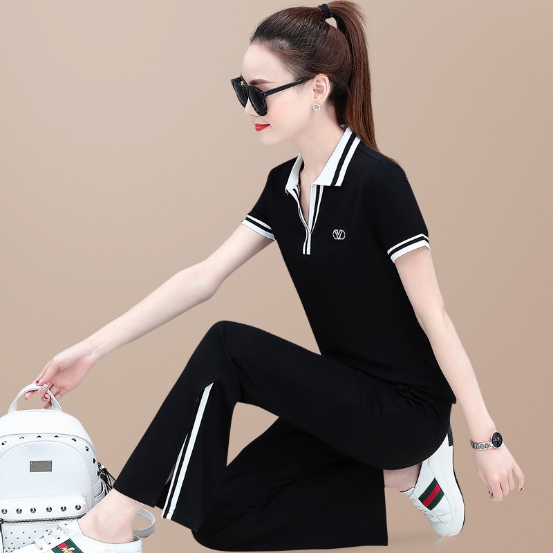 Summer outfit 2022 new suit women short sleeves Broadleg Long Pants Two Pieces Stylish Display Slim Loose Casual Sportswear