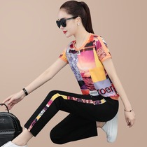 Sports Suit Womens Summer 2021 New Short Sleeves Splicing Ice Silk T-shirt Leisure Two Sets Foreign Air Weight Reduction Fashion