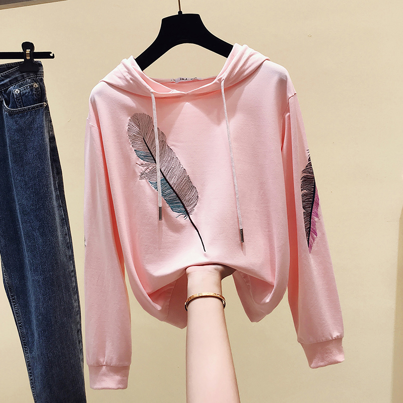 Tide Cards 2022 Autumn Clothing New Korean Version Feather Embroidered long sleeves Lianhood Head casual blouse Women loose casual blouses