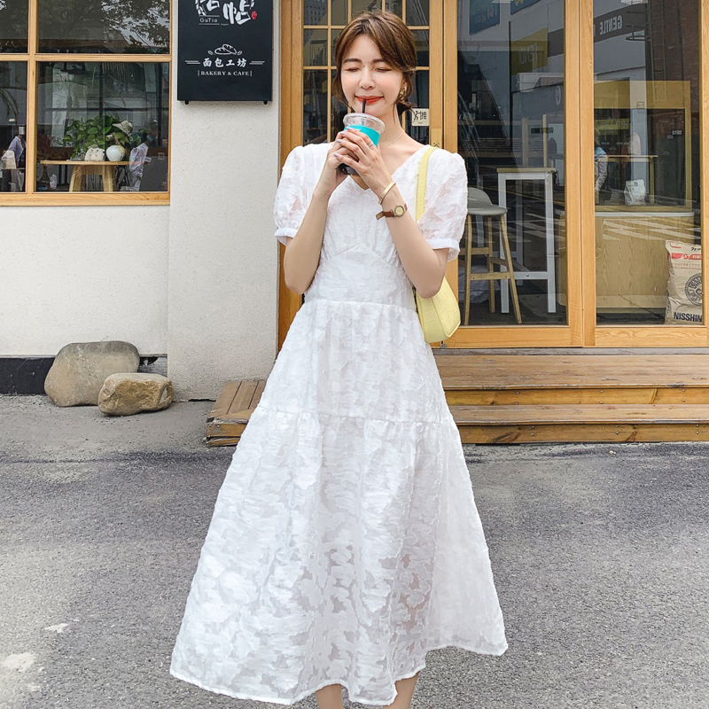 Korean high-end V-neck jacquard white fairy skirt midi length back tie waist slim dress