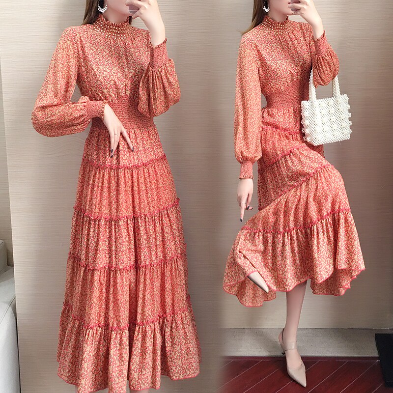 High-end Fashion Fashion Foreign Dress 2022 Spring Autumn New Broken Flowers Snowspun Long Sleeve Dress With Slim Temperament Women's Clothing