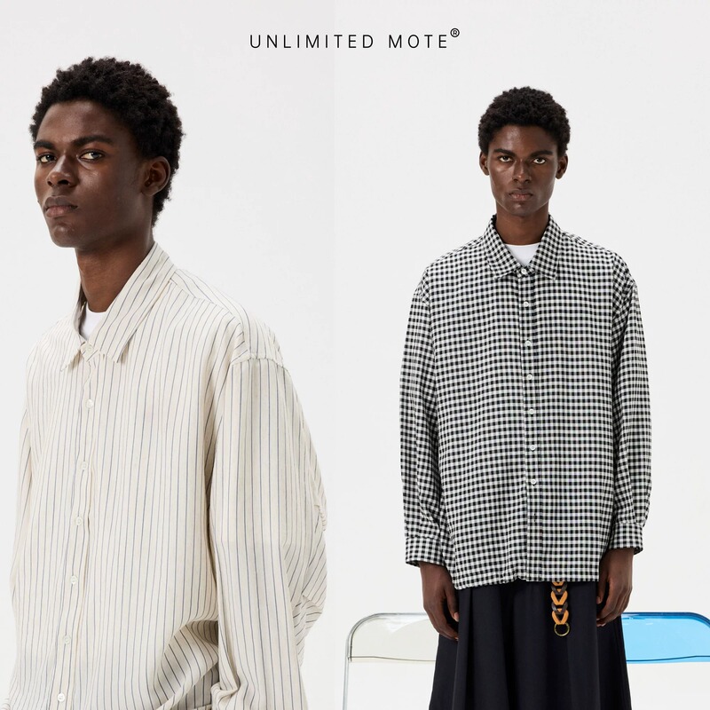 Unlimited Mote [Three-Dimensional Pleated Balloon Shirt] Drawstring Acetate Linen Japanese-Style Plaid Striped Long Shirt