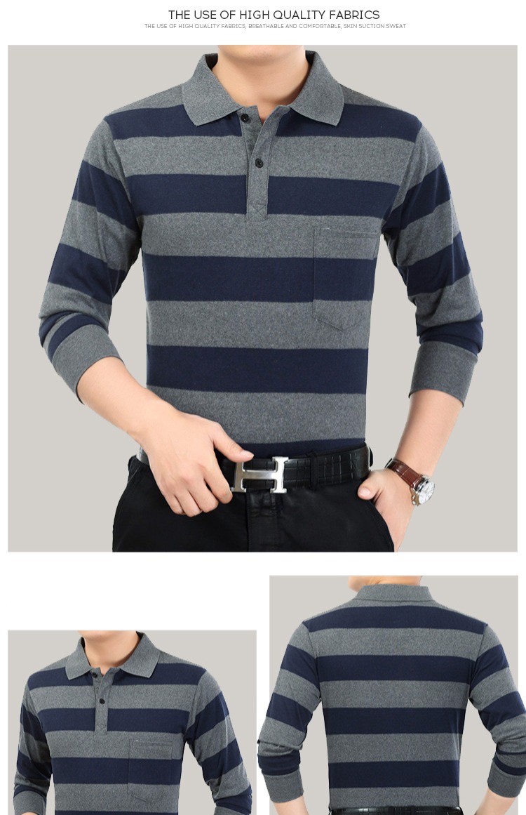Mùa thu nam tay dài áo thun cotton cotton áo thun trung niên mỏng phần cơ sở áo sọc túi bố áo thun nam đẹp
