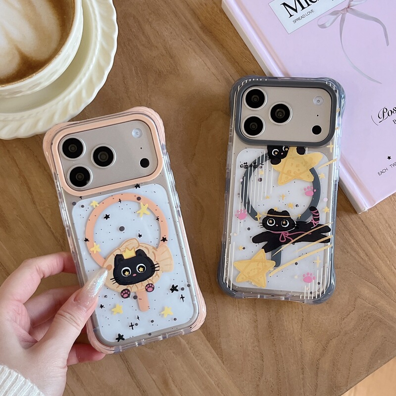 Orange and Gray Border Star Black Cat Case Suitable for iPhone 17 Pro Max, Apple 16 Pro, Cartoon 15, Cute 14, Unisex, Camera Key Protection, Acrylic Semi-Transparent, Four-Corner Anti-Drop, Magnetic Phone Case