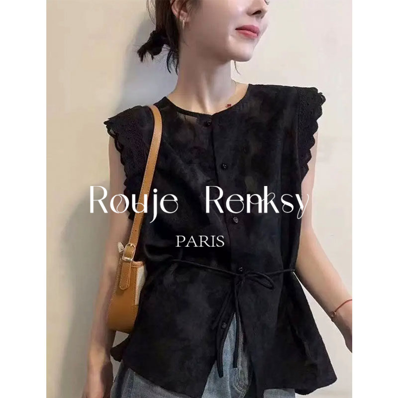 French Rouje Renksy French-Style Black Lace Jacquard Lace-Up Sleeveless Shirt for Women, Summer Elegant Top