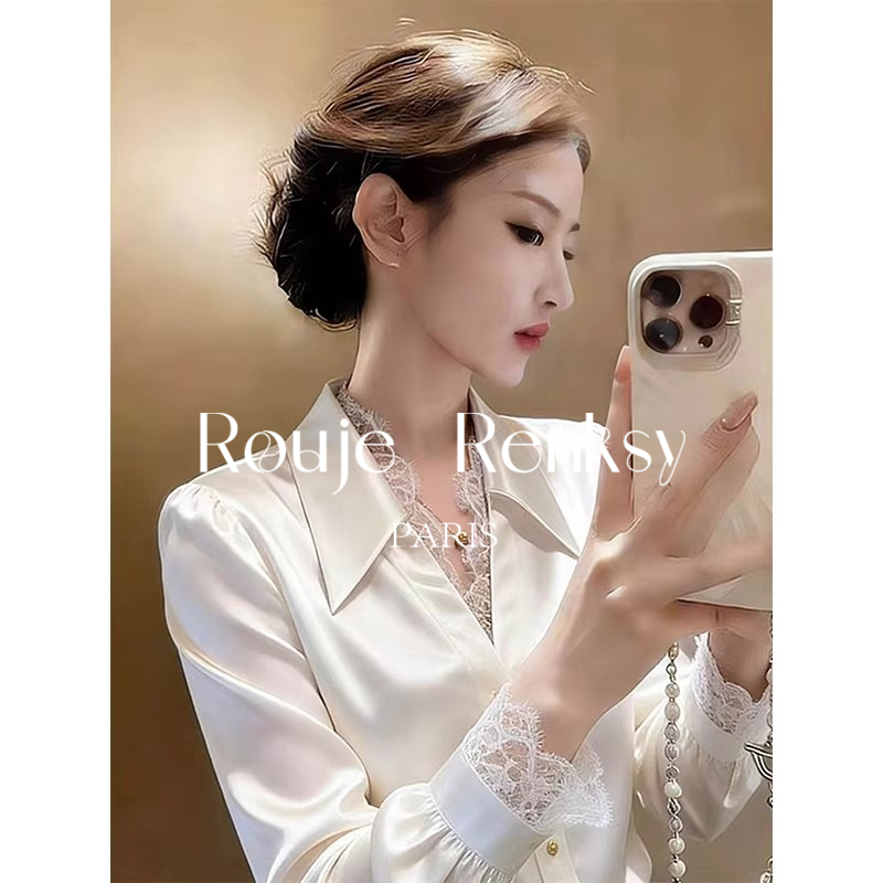French Rouje Renksy French White Polo Collar Lace Patchwork Shirt for Women Early Spring Loose High-End Top