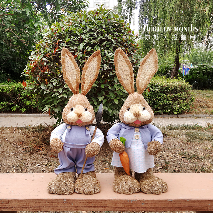 63cm Rabbit Couple Handmade Grass Choreography Crafts Gifts Swing Accessories Home Wedding Celebration Decoration Shop Window Props Kindergarten Swing