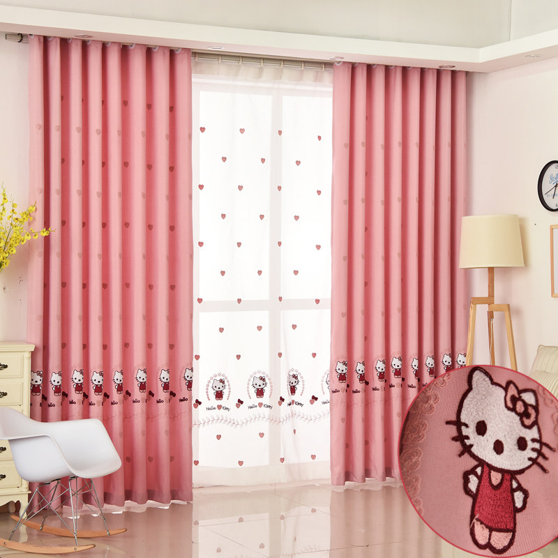 Children KT cat cartoon cotton linen embroidered curtain yarn pink Hello window curtain girl bedroom Half shading finished product
