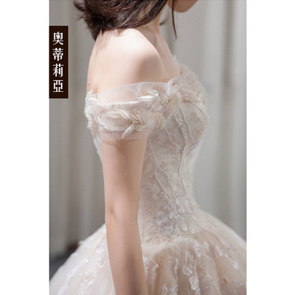 2018新款一字肩简约森系拖尾公主梦幻苏州轻婚纱一条街礼服显瘦女-tmall.com天猫