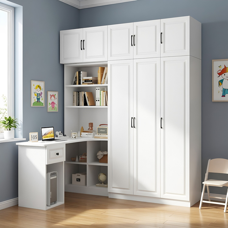 Children's Room Wardrobe and Desk Integrated Corner Study Table with Bookcase and Bookshelf L-Shaped Combined Computer Desk with Storage