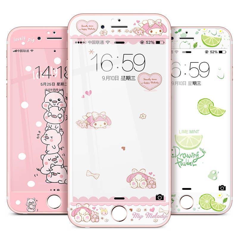 卡绮iPhone6钢化膜卡通彩膜全屏苹果6s手机膜可爱7plus贴膜潮女六iPhone6plus全覆盖8plus全包边八防摔屏幕女