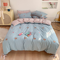 ins Wind cute embroidery cotton wash cotton four-piece bow princess style hipster cotton bedding