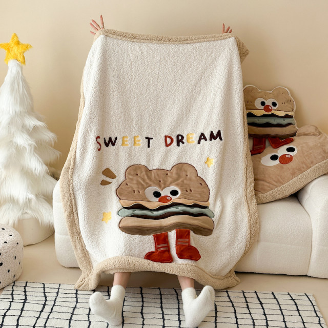 ງາມ burger cartoon lamb velvet blanket sofa cover double layer thickened coral velvet office lunch break ຜ້າຫົ່ມຂະຫນາດນ້ອຍ