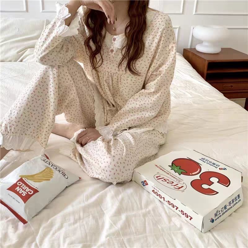Floral Pajamas Ladies Spring Autumn Winter Small Fresh Lace Edge Net Red Cute Korean Casual Homewear Set