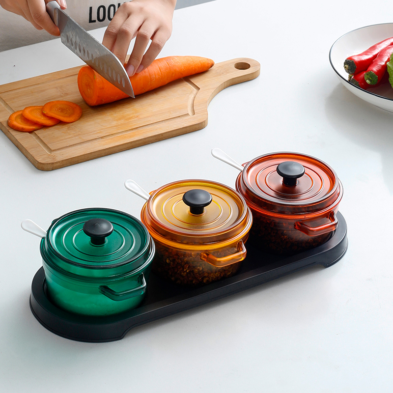 Enamel Pan Kitchen Seasoning Case plastic with lid Sauce Box Salt Box Salted Jar Suit Light Lavish Condiment Containing box