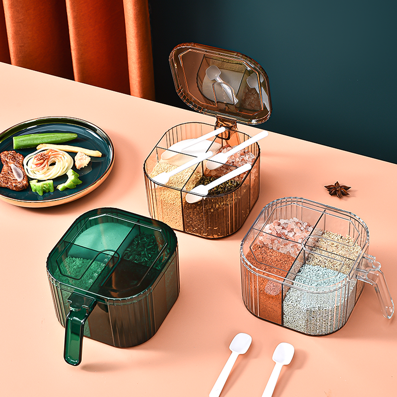 Plastic seasoning box four-grid one-piece seasoning jar kitchen with taste refined salt household multi-grid transparent seasoning box with lid