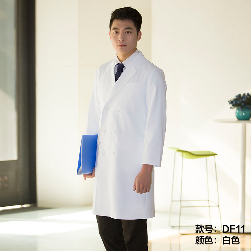 Bệnh viện bác sĩ nam workclothes trắng áo nhựa đúp hàng khóa bác sĩ giám đốc nam mặc áo lớn dài tay đồng phục bác sĩ trắng