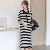 Pregnant women dress knit dress spring and autumn models 2021 new autumn fashion tide striped inside slim sweater skirt