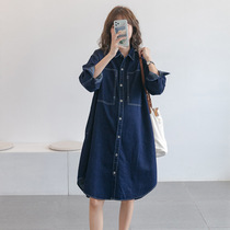 Pregnant women dress denim spring and autumn models 2021 new autumn high fashion long sleeve size belly tide mother skirt
