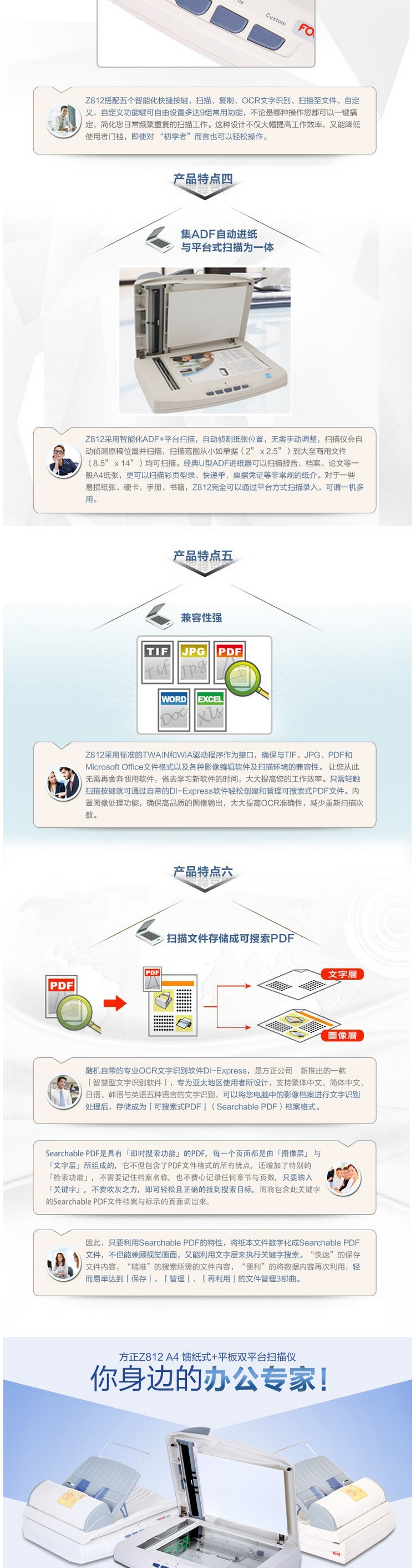 Người sáng lập Z812 nạp giấy với nạp giấy tự động một mặt phẳng Máy quét A4 nhận dạng văn bản 12 trang mỗi phút - Máy quét