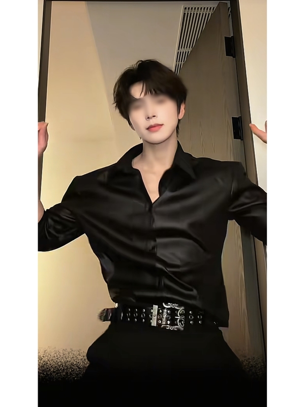 Black Ice Silk Shirt, Same Style as Popular on Douyin, Spring and Summer Men's Sleeveless Versatile Korean Style Slim Fit Glossy Shirt
