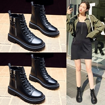 Tide brand leather Martin boots womens 2022 new autumn and winter cotton shoes British style all-match thick bottom inner heightened short boots