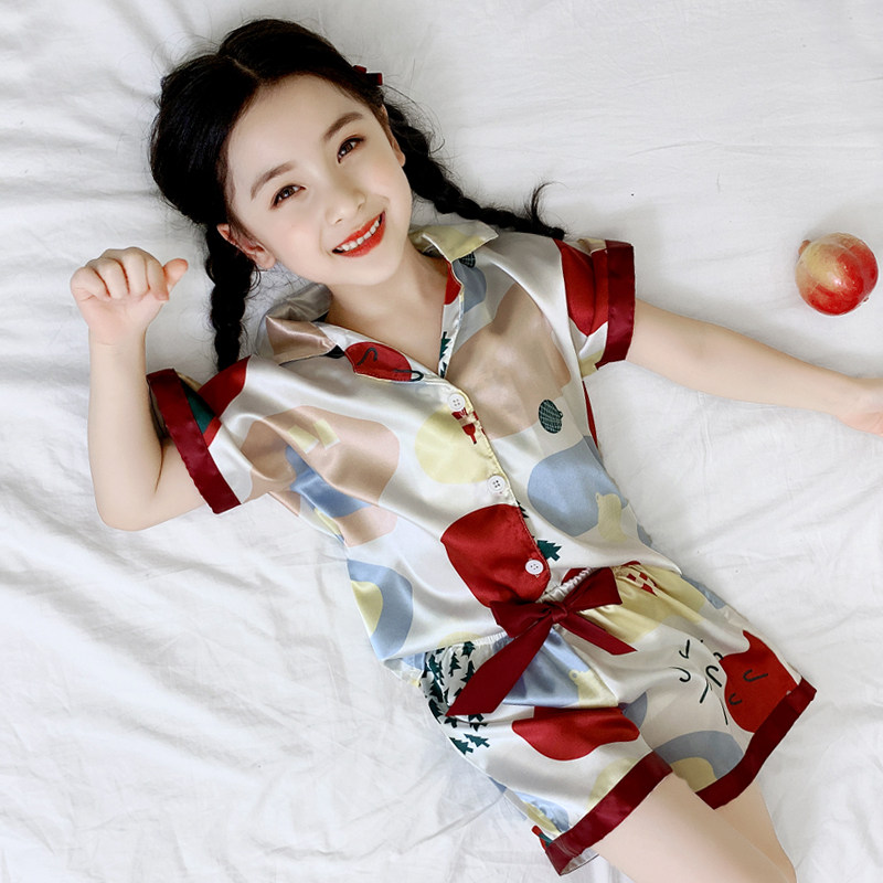 Girls pajamas summer thin section 8-year-old children's suit 12 girls 7 ice silk 9 cotton silk 10 short-sleeved shorts 6 home clothes