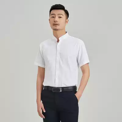 Stand collar short sleeve shirt men Oxford textile Chinese style slim youth casual fashion round neck Chinese style stand neck shirt