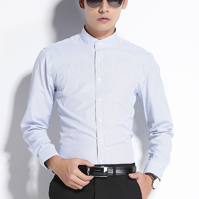 Stand collar long sleeve shirt men slim fit fashion blue striped casual youth Chinese round neck no ironing shirt autumn