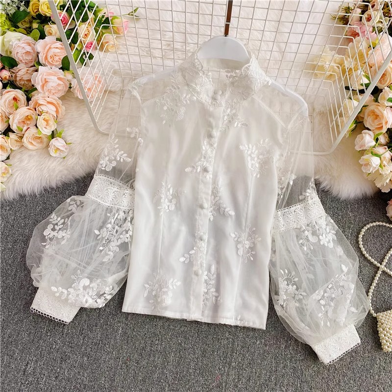 Palace-Style Embroidered Chiffon Shirt for Women, Spring and Autumn 2026 New Style, Elegant Lace Splicing Lantern Sleeve Stand Collar Top Palace-Style Embroidered Chiffon Shirt for Women, Spring and Autumn 2026 New Style, Elegant Lace Splicing Lantern Sleeve Stand Collar Top