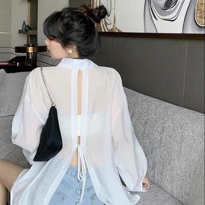 ins Designer-Inspired Niche Sun Protection Clothing with Back Tie Shirt for Women, 2025 Summer New Loose Long-Sleeve Top