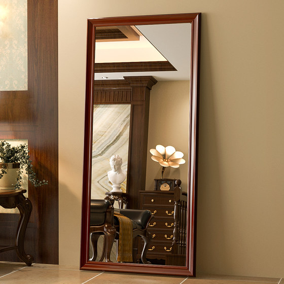 Wall-mounted solid wood full-body mirror floor-to-ceiling mirror fitting mirror American light luxury bedroom home wall-mounted dressing mirror wall-mounted mirror