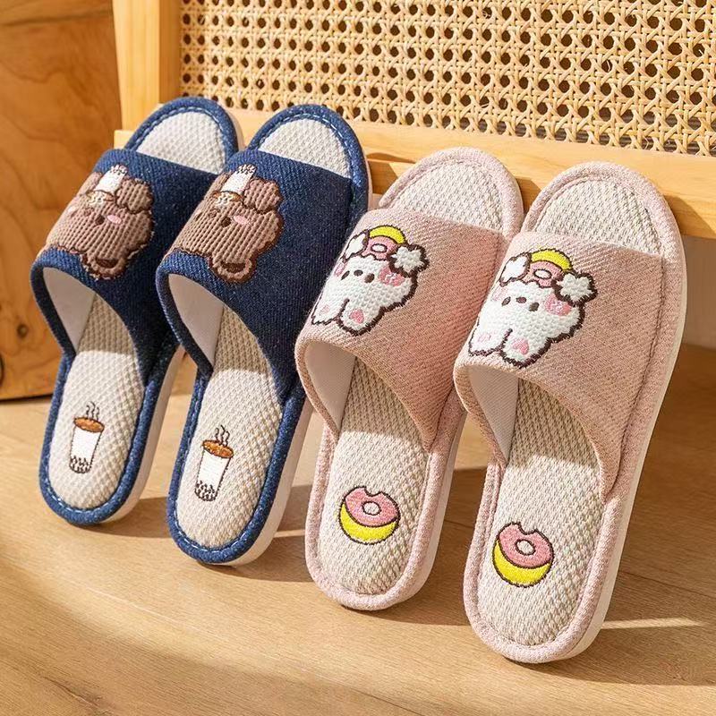 All-Season Linen Slippers for Men and Women, Cute and Girly, Indoor Sweat-Absorbent, Non-Slip, Couple Floor Shoes, Cute Slippers