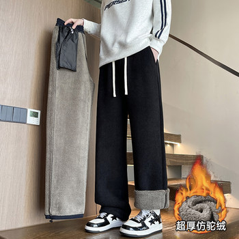 Winter Thick Alpaca Wool Straight-Leg Sweatpants for Boys and Teenagers, Fleece-Lined, Thickened, Warm, Casual Long Pants for Students