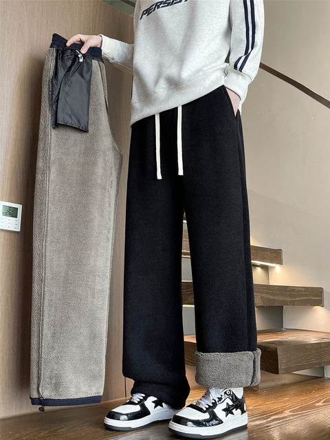 Winter thick alpaca straight-leg sweatpants for boys and teenagers plus velvet thickened warm student casual long pants