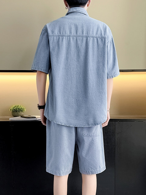 2025 new summer short-sleeved denim shirt boys' clothing suit with handsome solid color half-sleeved men's clothing