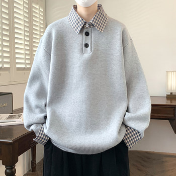 Fake Two-Piece Shirt Collar Sweater for Men, Autumn and Winter Trendy Brand, Thickened Knit Base Shirt for Teenagers, Middle and High School Students